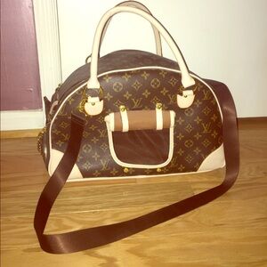 Designer-Inspired Brown Monogram Travel Satchel with Cream Trim